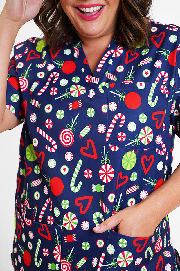 Meredith Candy Crush Christmas Scrub Top – Candy Crush Christmas top