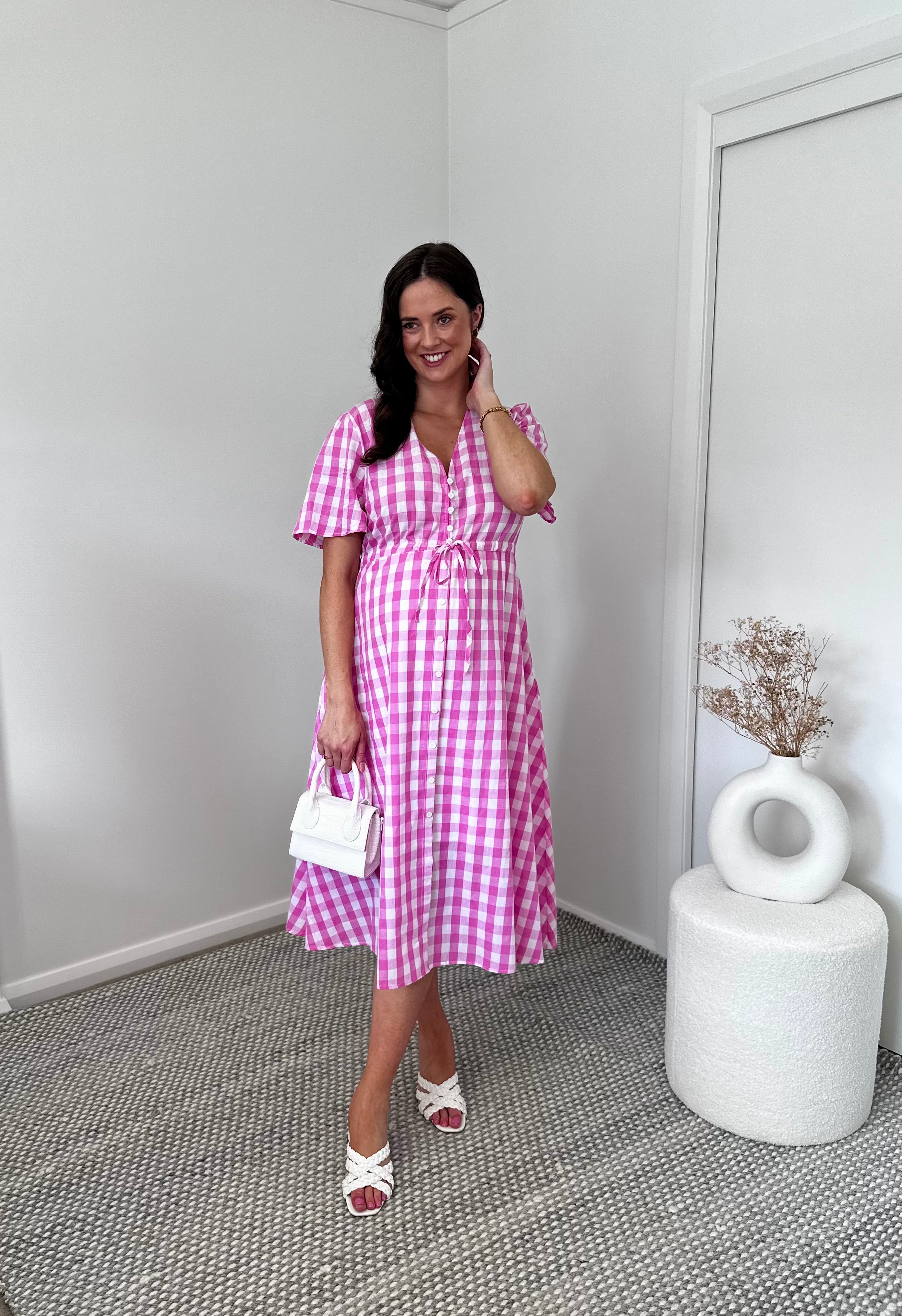 Marley Gingham Pink Dress – Gingham Pink midi dress