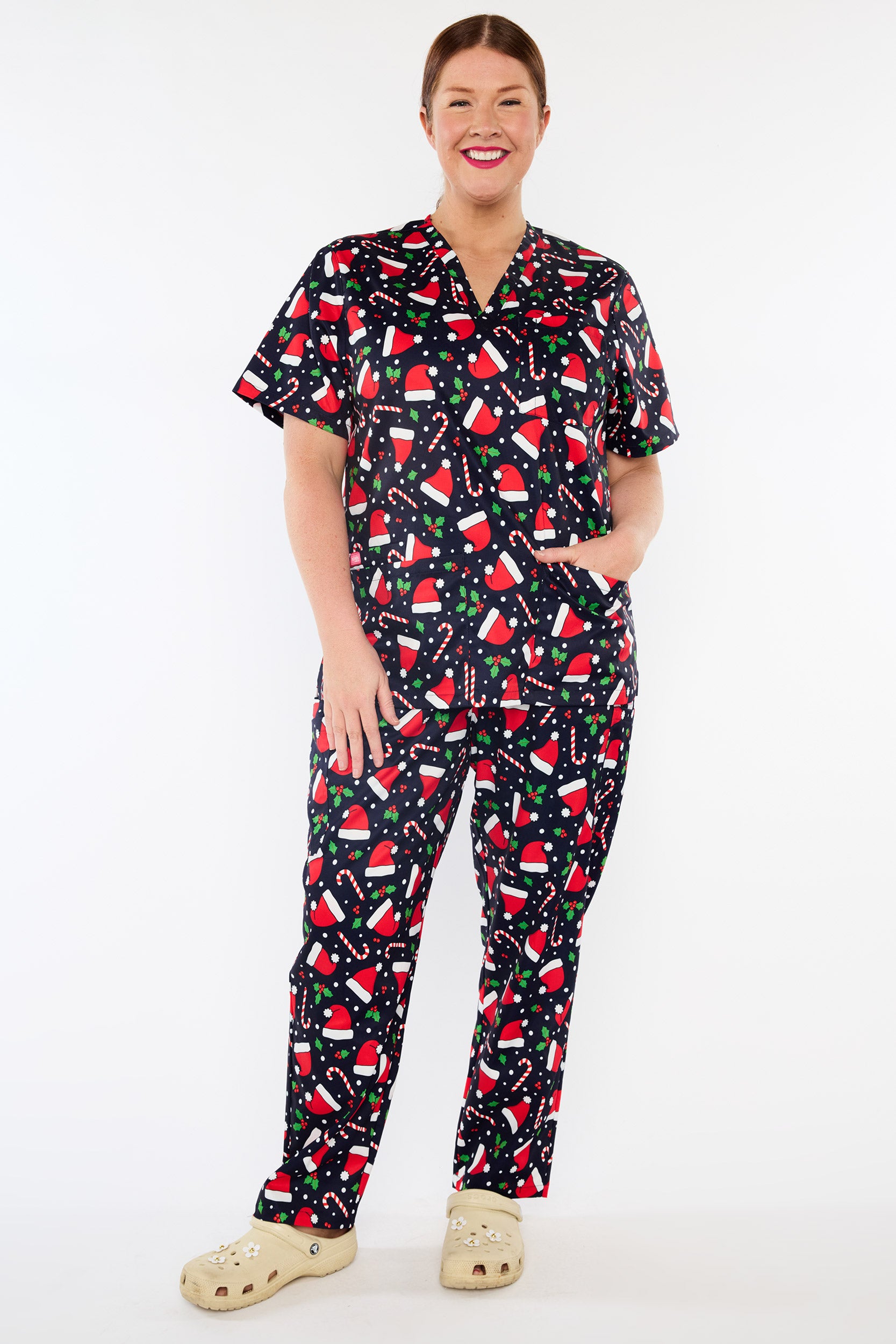 Meredith Santa Hats Christmas Scrub Top (Pre-Order)