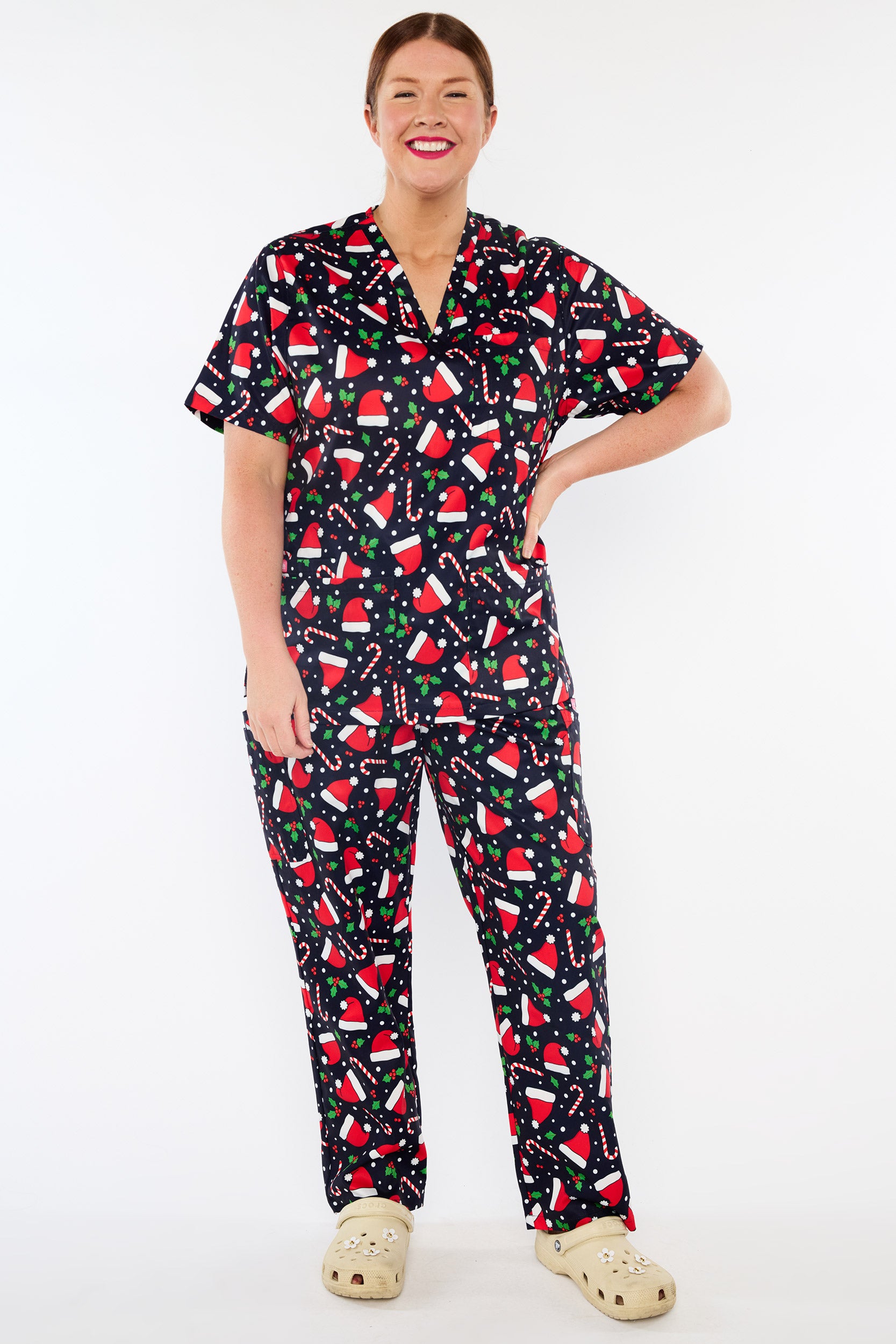 Meredith Santa Hats Christmas Scrub Top (Pre-Order)