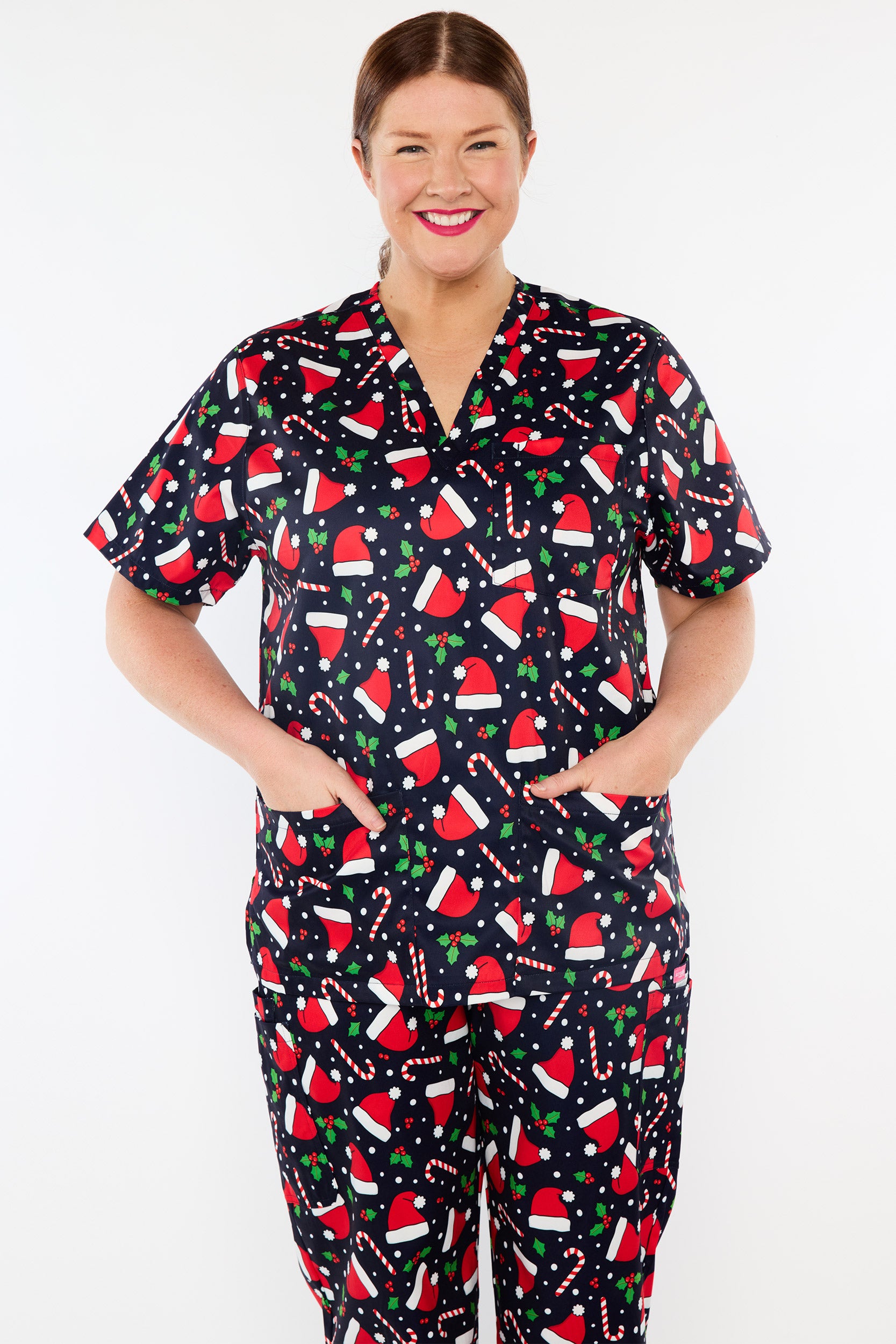 Meredith Santa Hats Christmas Scrub Top (Pre-Order)