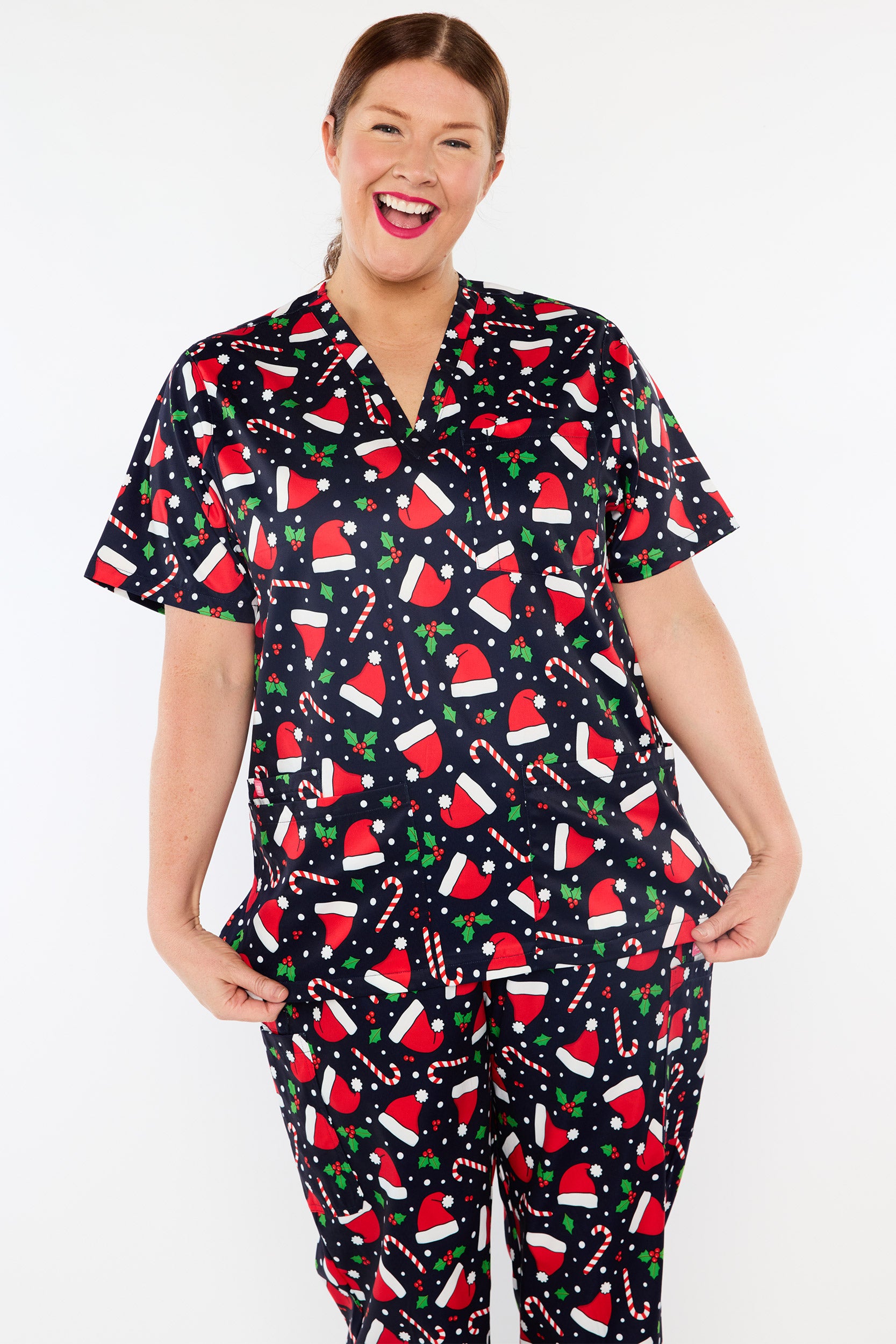 Meredith Santa Hats Christmas Scrub Top (Pre-Order)