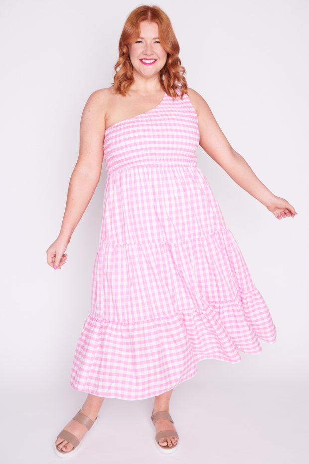 Spencer Pink Gingham Dress – Pink Gingham midi dress