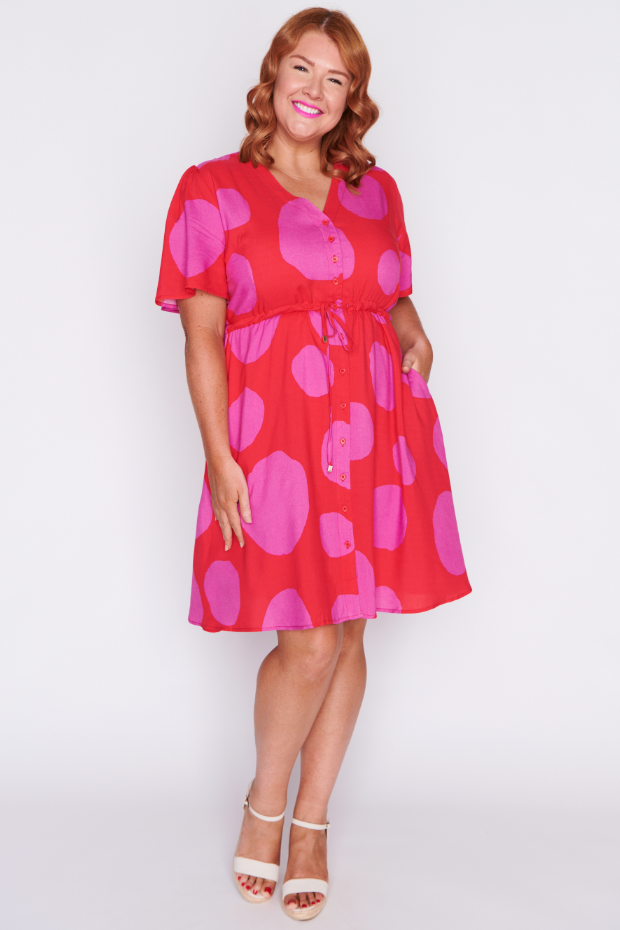 Jaz Splotched Pink & Red Dress – Splotched Pink & Red knee length dress