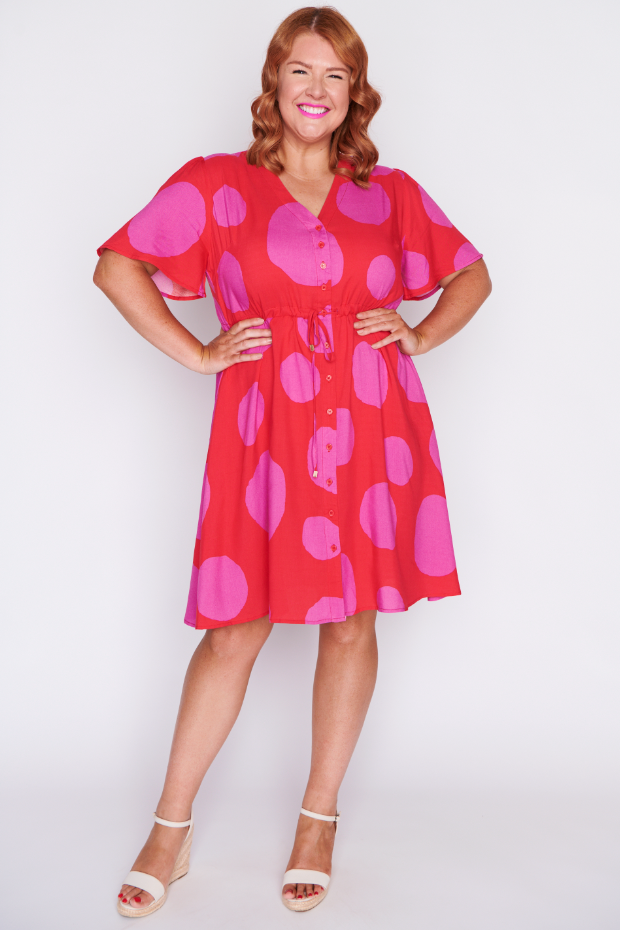 Jaz Splotched Pink & Red Dress – Splotched Pink & Red knee length dress