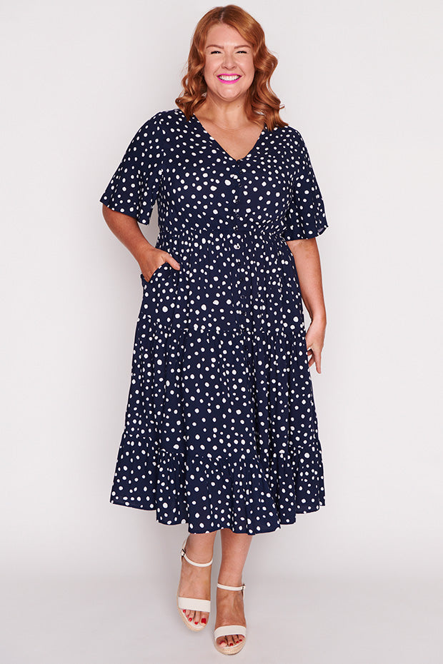 Jessica Navy & White Flecks Dress – Navy & White Flecks midi dress