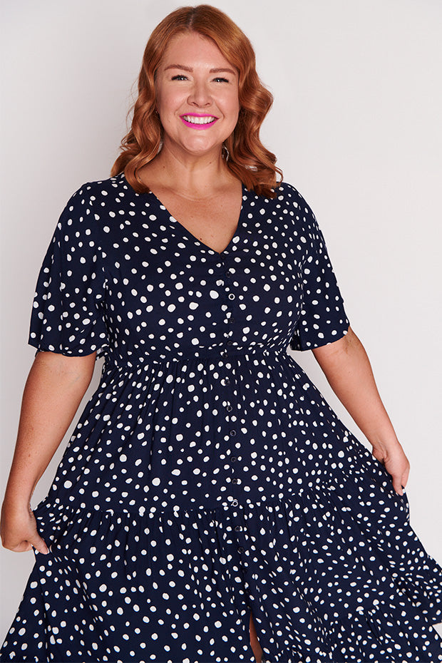 Jessica Navy & White Flecks Dress – Navy & White Flecks midi dress