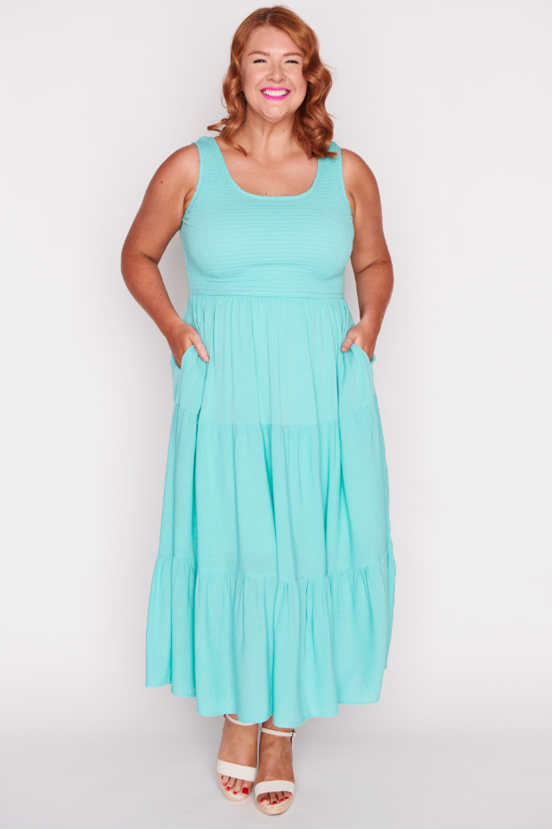 Krystie Sea Green Shirred Dress – Sea Green Shirred midi dress