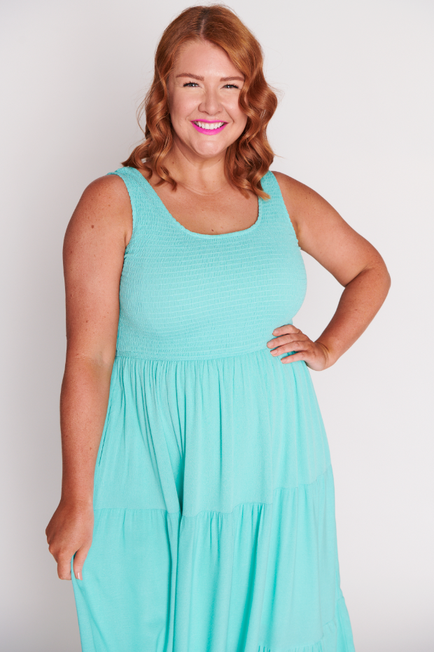 Krystie Sea Green Shirred Dress – Sea Green Shirred midi dress