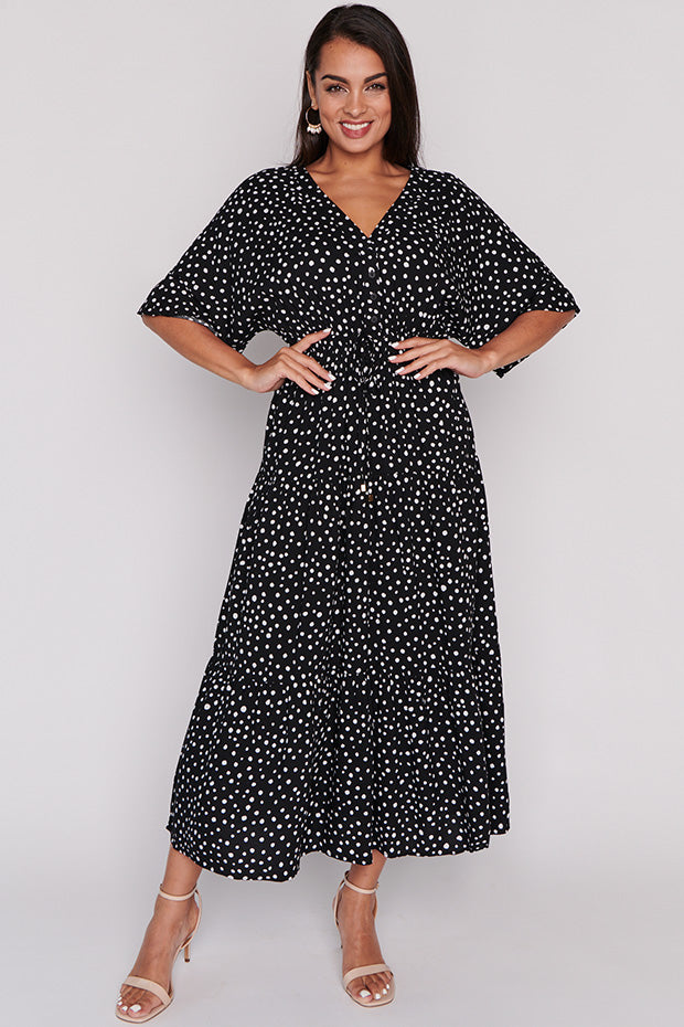 Maddie Black Irregular Spot Dress – Black Irregular Spot maxi dress