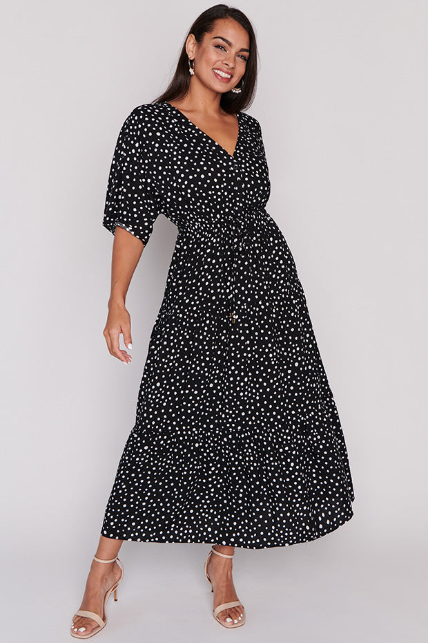Maddie Black Irregular Spot Dress – Black Irregular Spot maxi dress