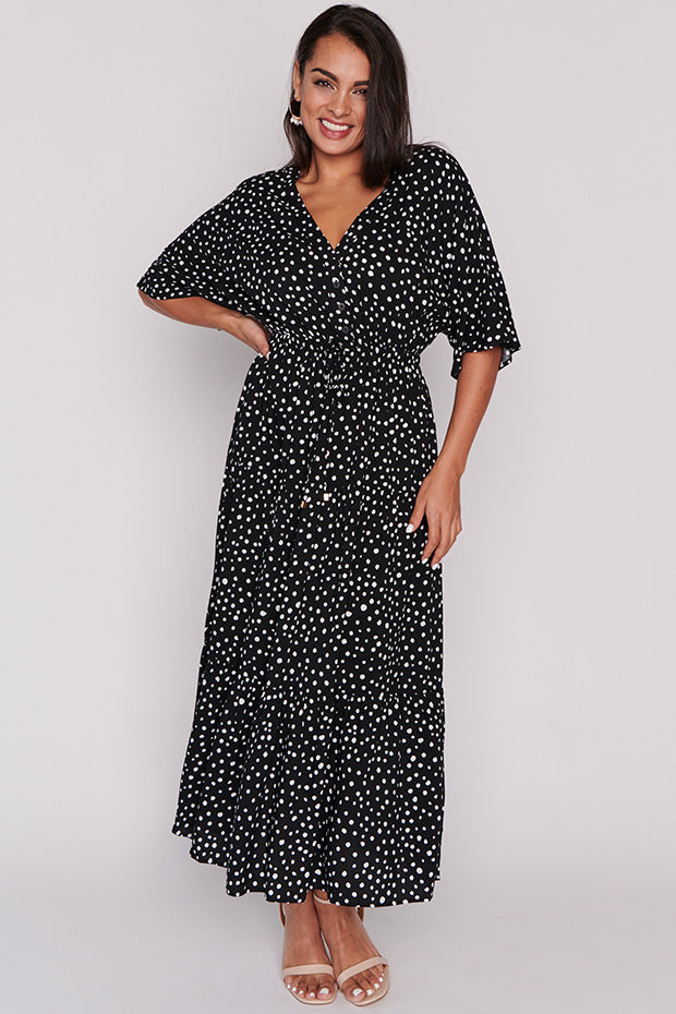 Maddie Black Irregular Spot Dress – Black Irregular Spot maxi dress