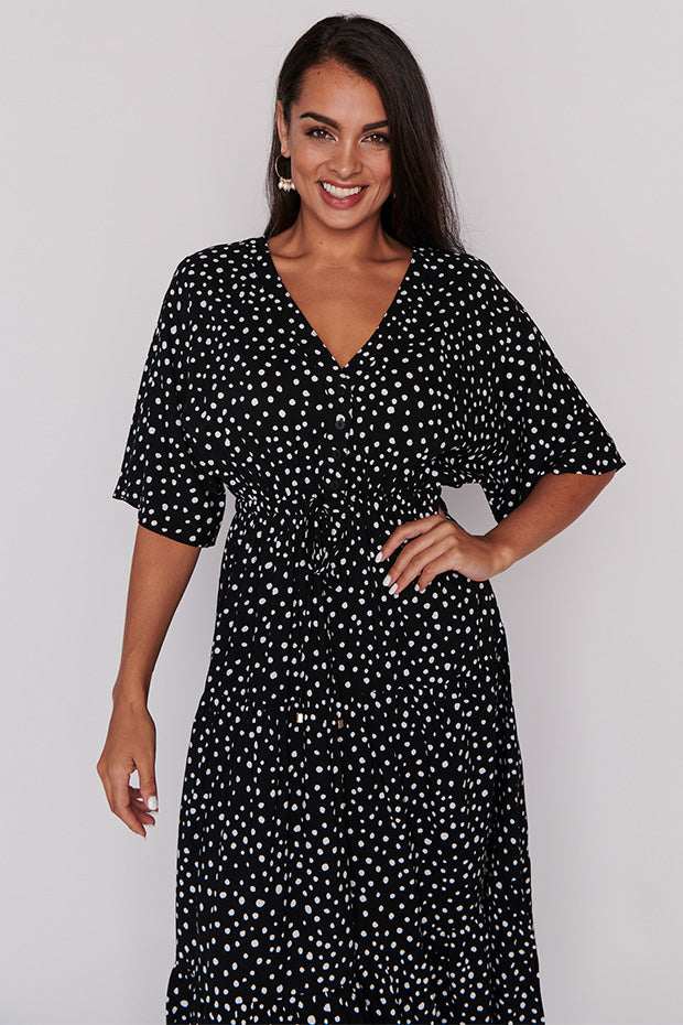 Maddie Black Irregular Spot Dress – Black Irregular Spot maxi dress