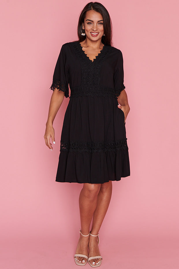 Niki Black Lace Trim Dress – Black Lace knee length dress