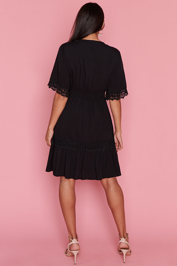 Niki Black Lace Trim Dress – Black Lace knee length dress