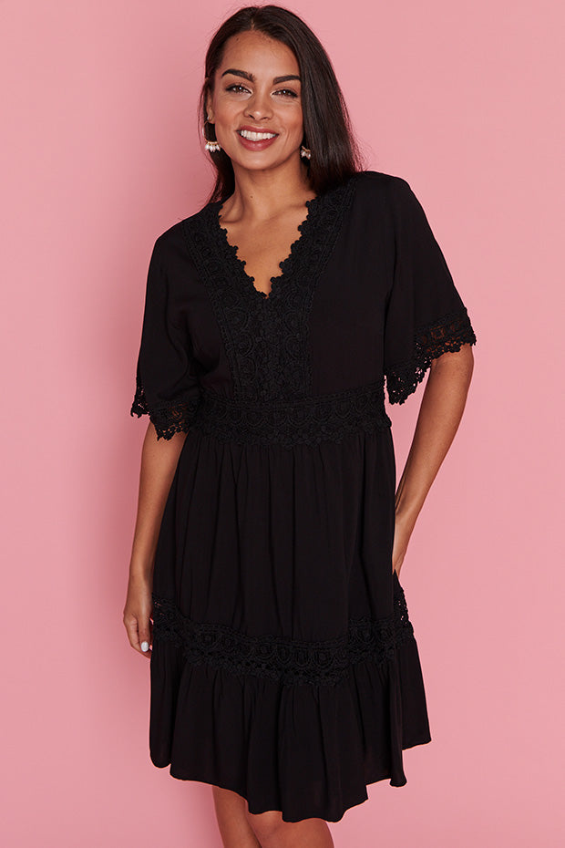 Niki Black Lace Trim Dress – Black Lace knee length dress