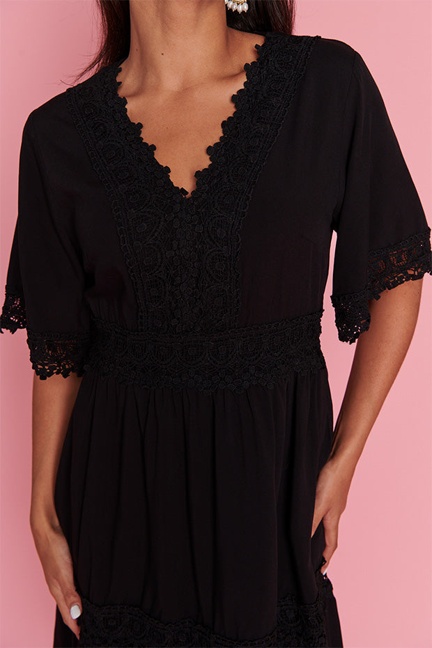 Niki Black Lace Trim Dress – Black Lace knee length dress
