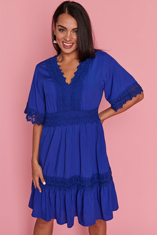 Niki Cobalt Lace Trim Dress – Cobalt Lace knee length dress